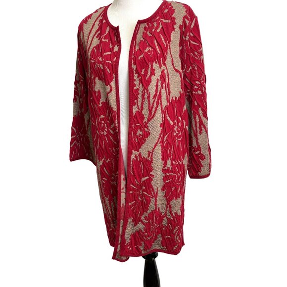 Chicos Travelers Exploded Red Beige Textured Jacquard Open Front Cardigan Size 3 - Picture 6 of 11